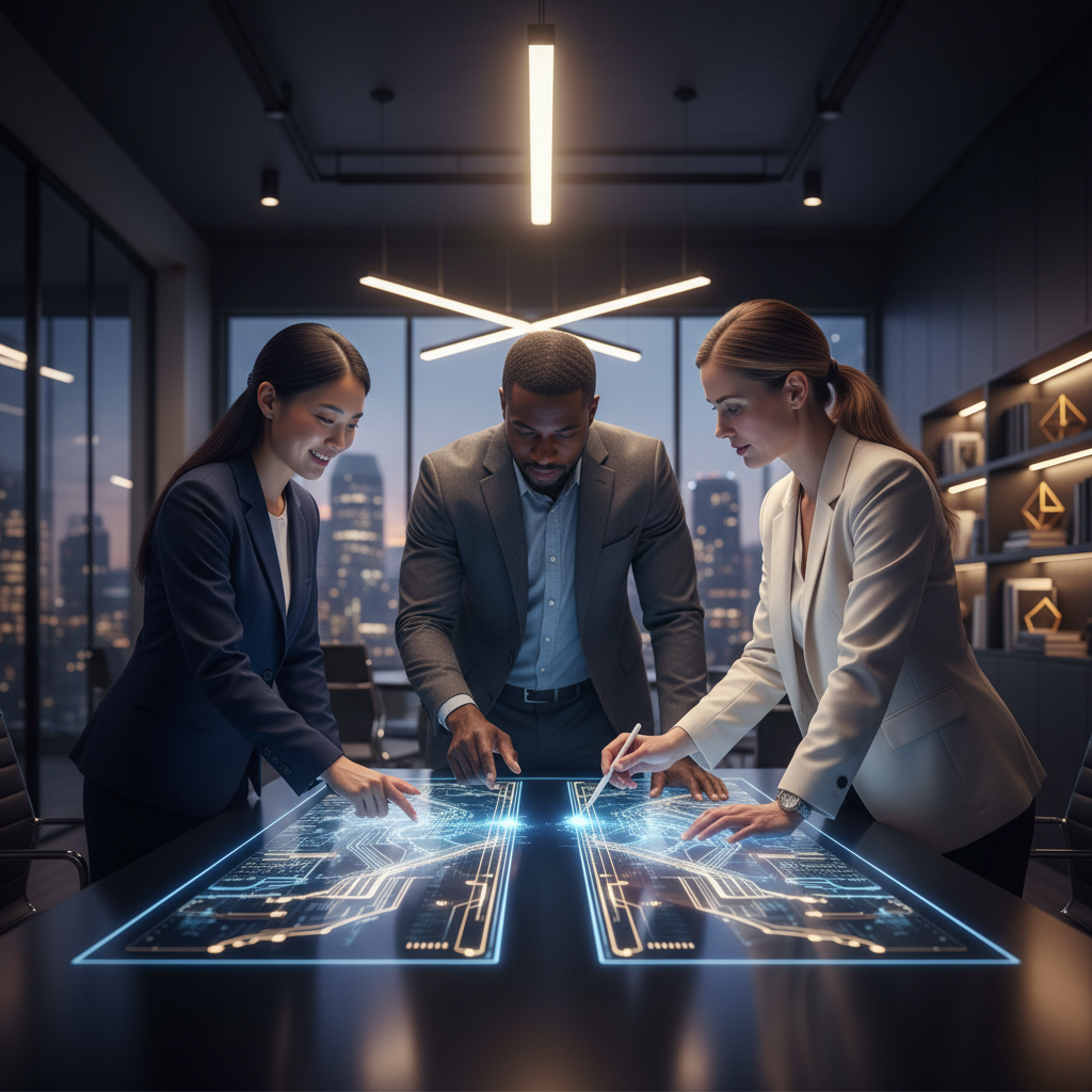 Three professional business managers collaborating around a modern, illuminated digital strategy table.