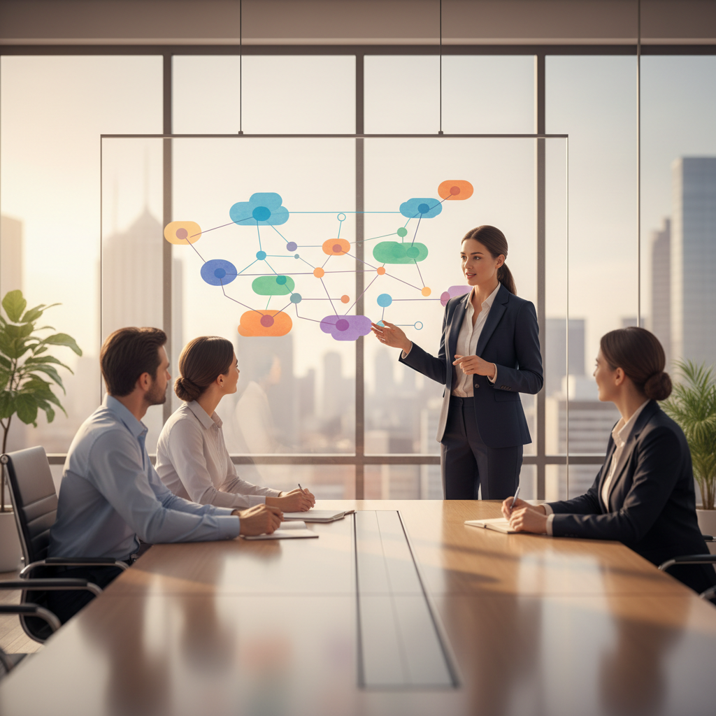A professional mentor guiding three corporate team members in a bright, modern meeting room with a glass whiteboard.