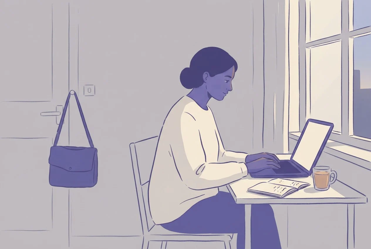 A working professional sits at a home desk in the evening with a laptop, notebook and tea, their work bag hanging by the door.