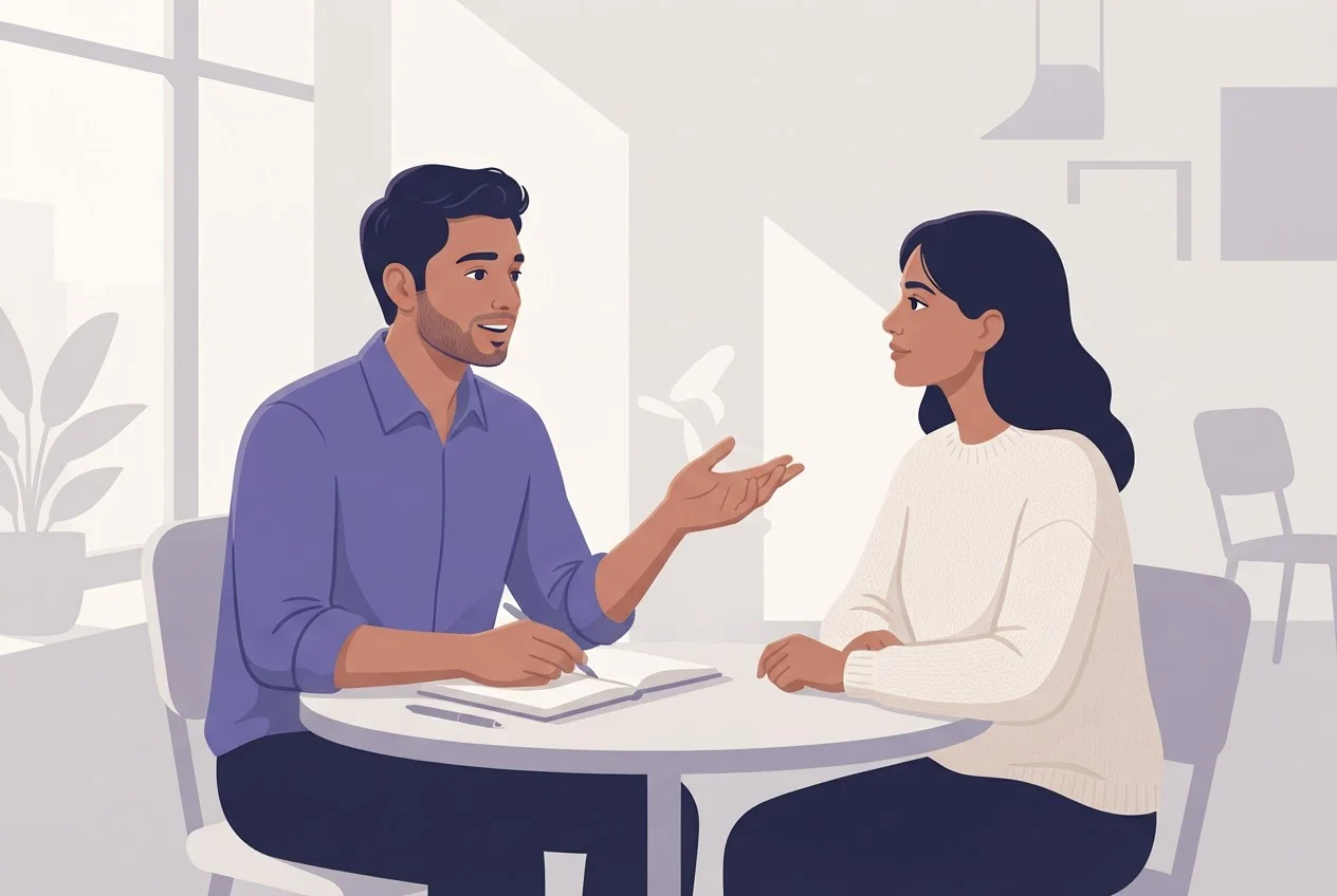A man explains an offer to a woman across a cafe table, with a blank notebook and pen in front of him.