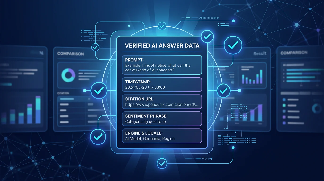 AI answer evidence record with citations and sentiment context
