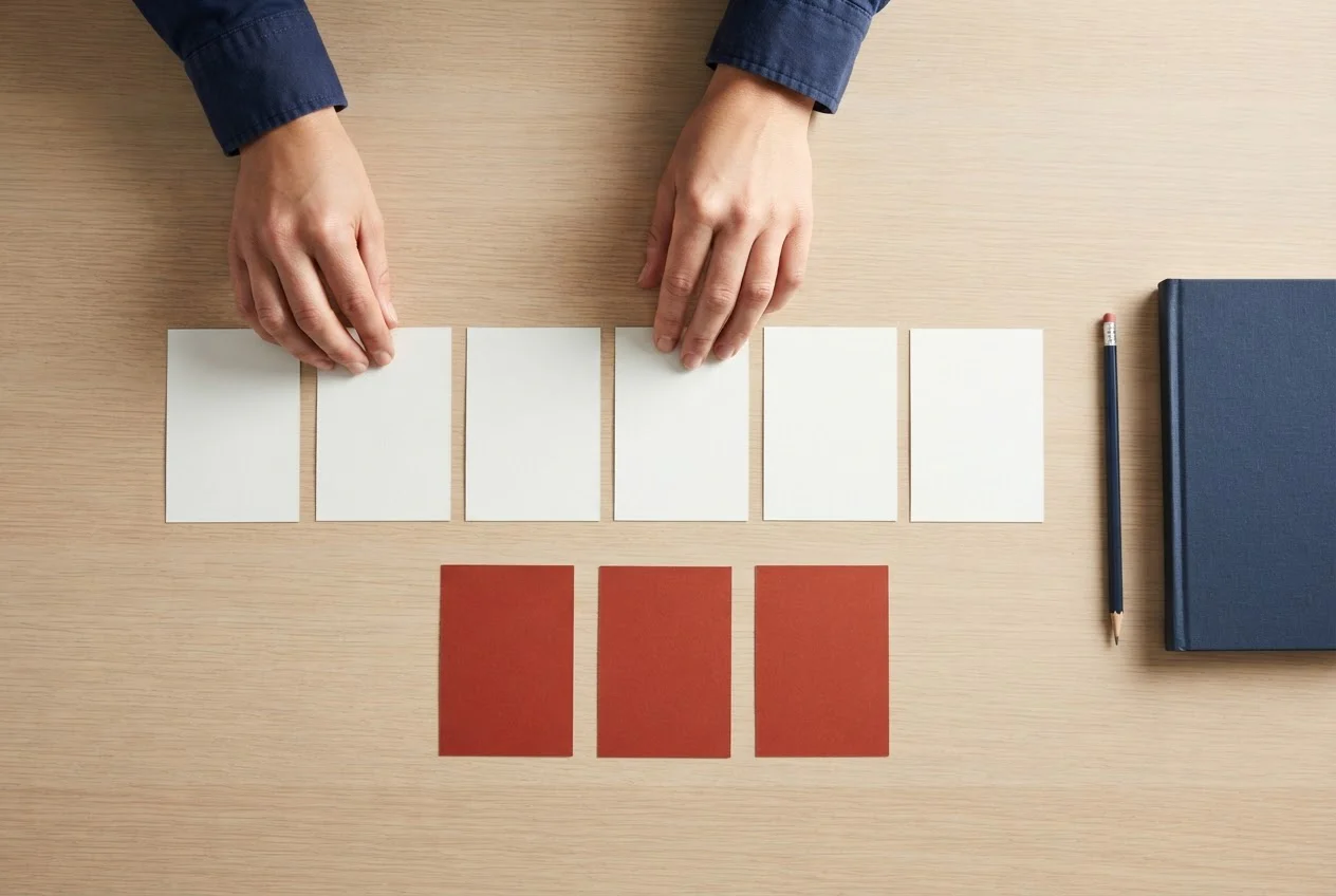 Hands arrange a row of blank paper cards on a desk, with three spare cards set slightly apart.