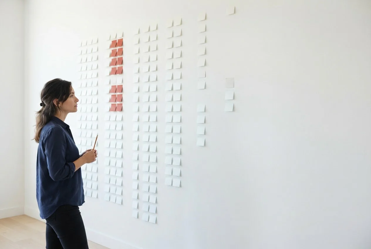 A researcher stands before a wall of blank sticky notes whose columns grow thinner from left to right.