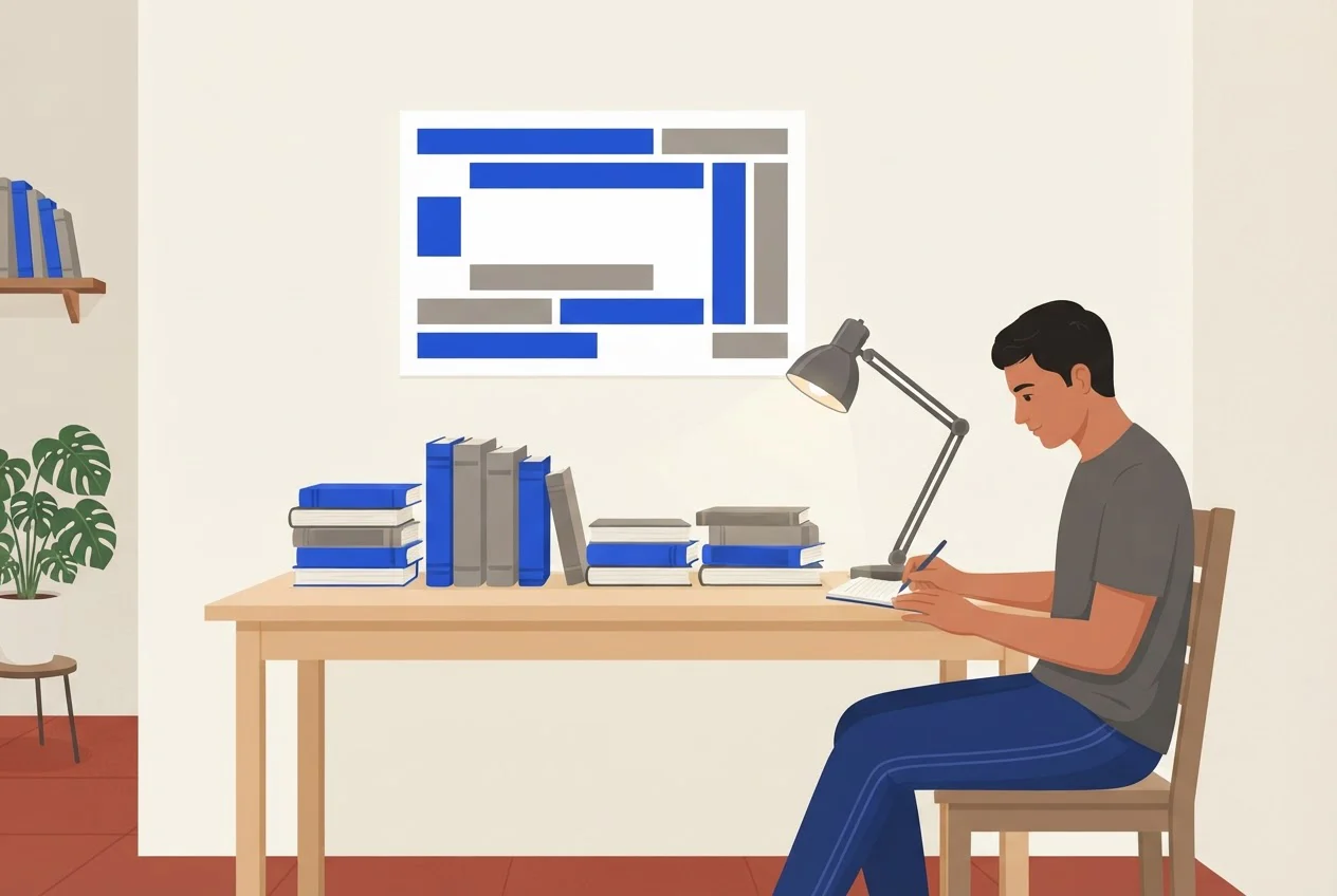 A student at a desk with six stacks of textbooks below a wall planner made of coloured bands.