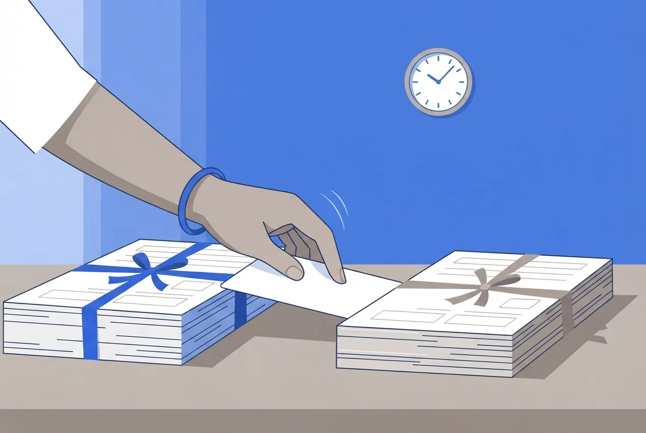 A candidate's hand places an admit card between two separate stacks of exam papers beside a wall clock.