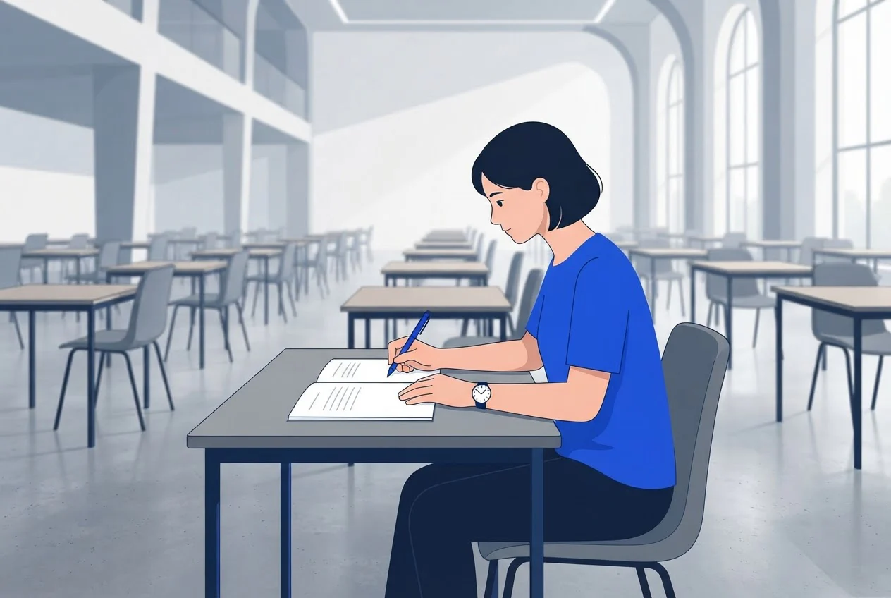 A candidate writes in an answer booklet at a desk in a quiet exam hall with empty desks behind.