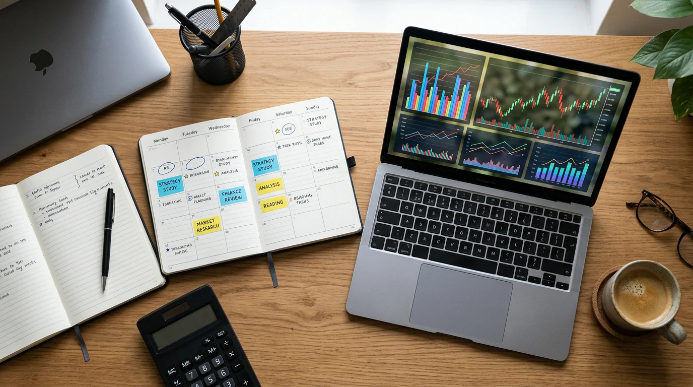 Weekly CMA study calendar beside finance reporting schedule