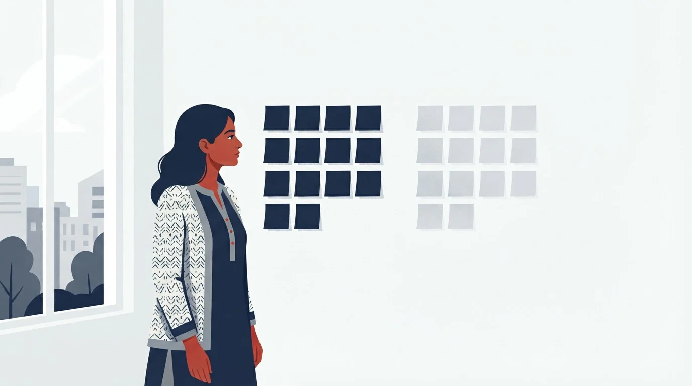 A researcher in an Indian office studies two clusters of blank sticky notes on a wall, one solid and one faded.