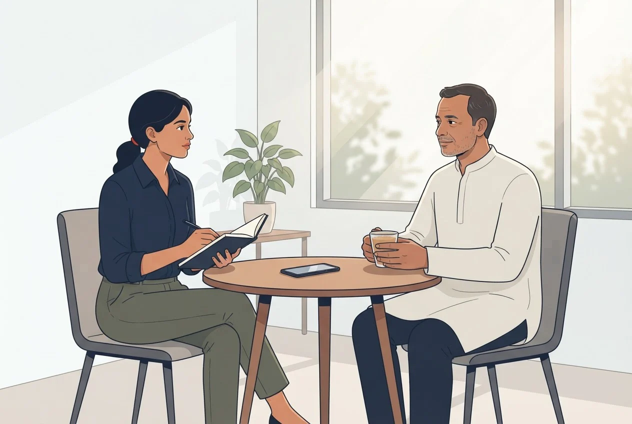 An interviewer with a notebook talks one-on-one with a participant over chai in a sunlit office room, with a phone recording on the table.