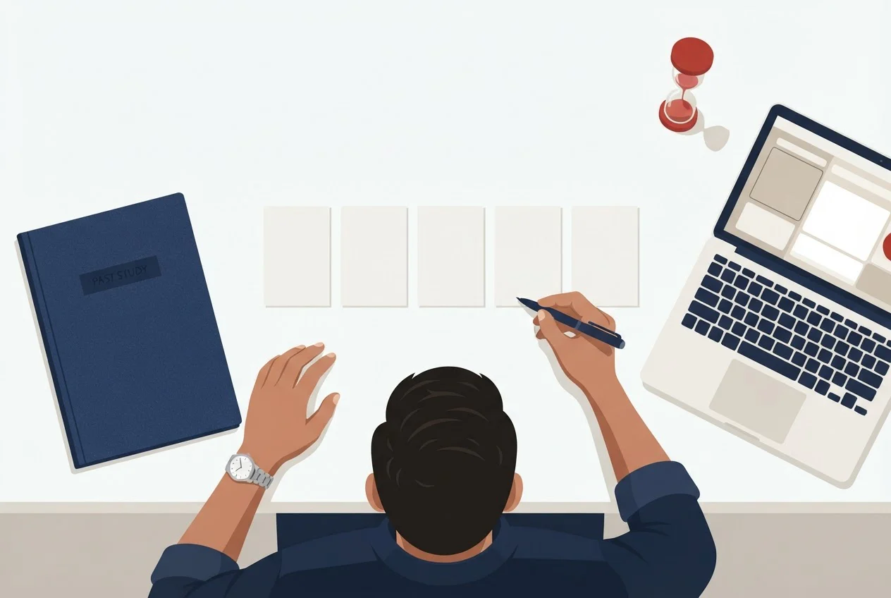 An analyst at a desk compares a past study folder with a laptop, with five blank cards in a row and a sand timer nearby.