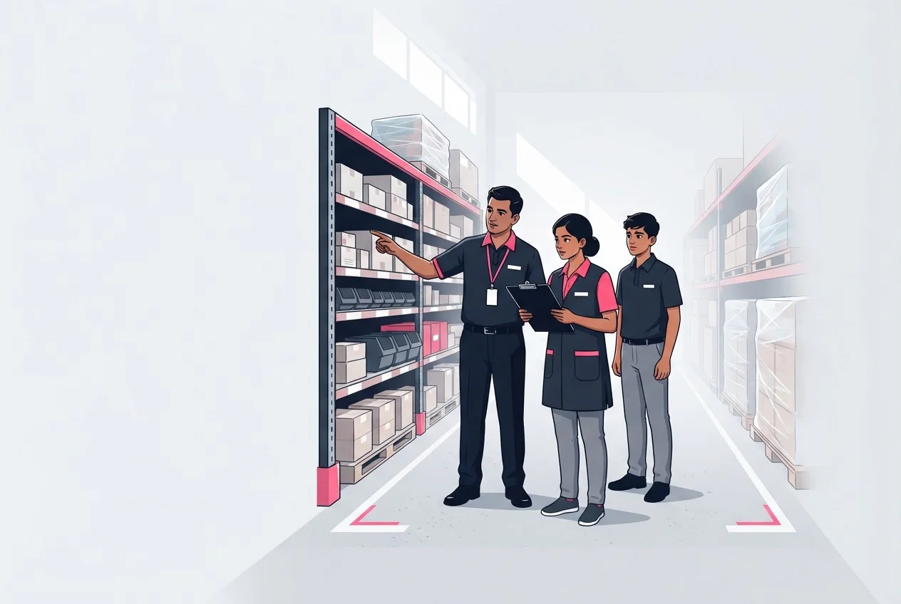 A supervisor and colleagues in a warehouse focus on a single aisle of shelving while the rest of the space stays empty.