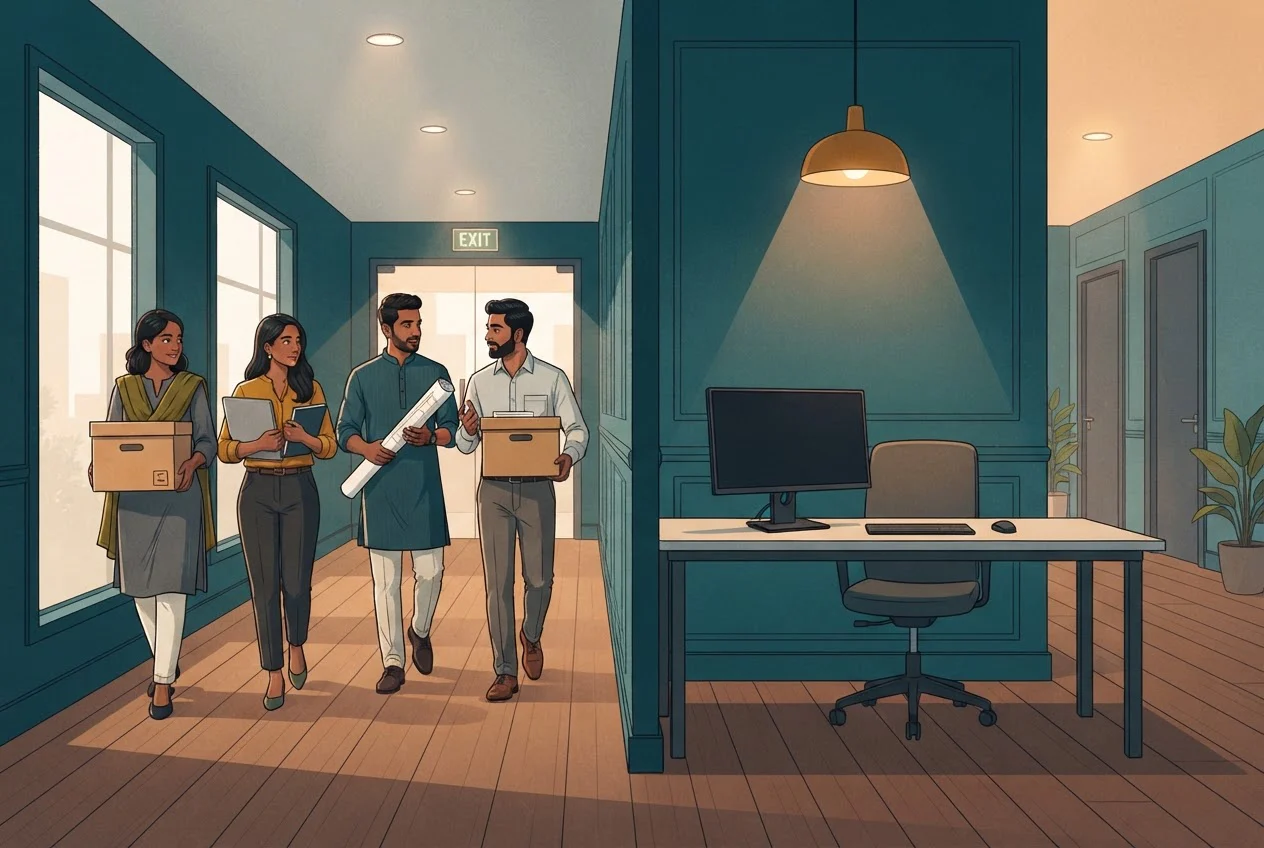 A project team walks out with their boxes while an operations desk stands empty and unused.