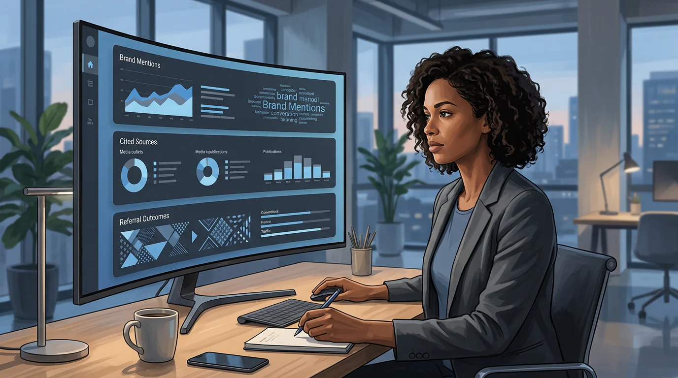 Marketer reviewing separate AI answer visibility signals on an analytics dashboard