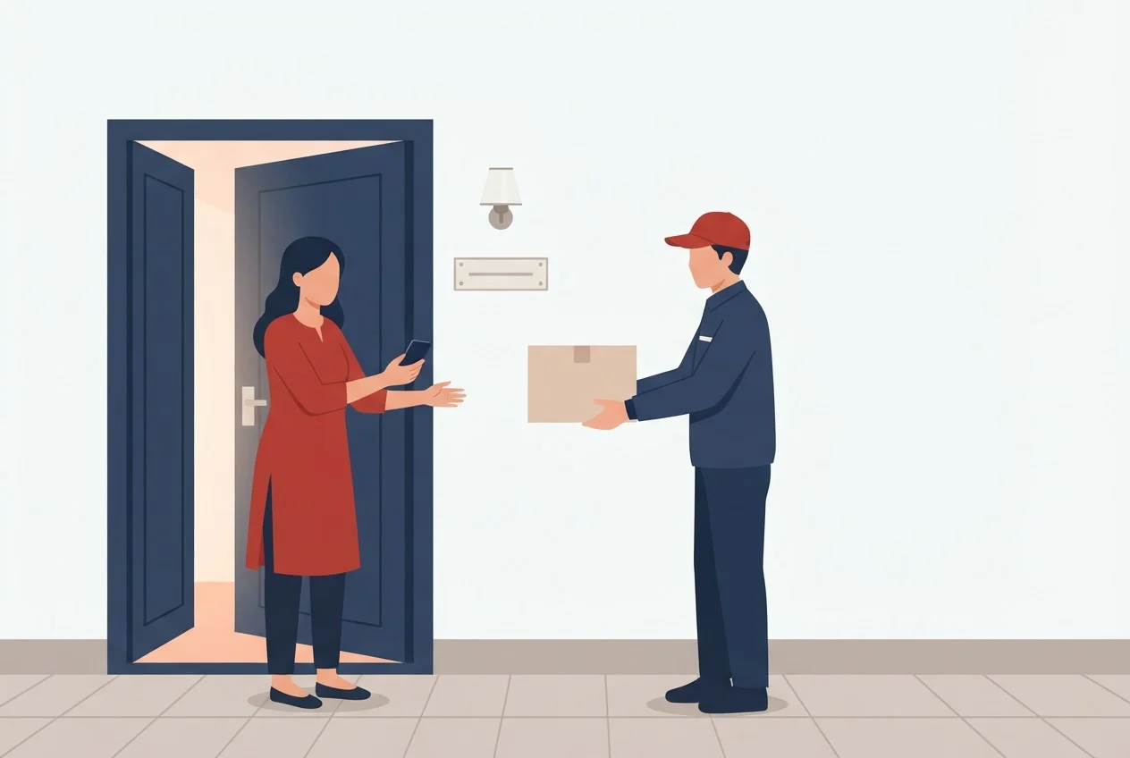 A resident at an apartment door in India receives a plain parcel from a delivery person.