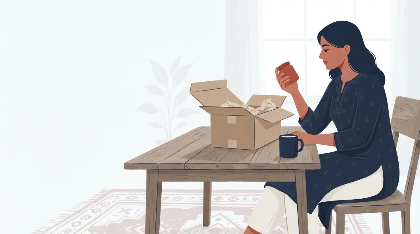 A woman at a table in an Indian home opens a delivered parcel and tries a new product.