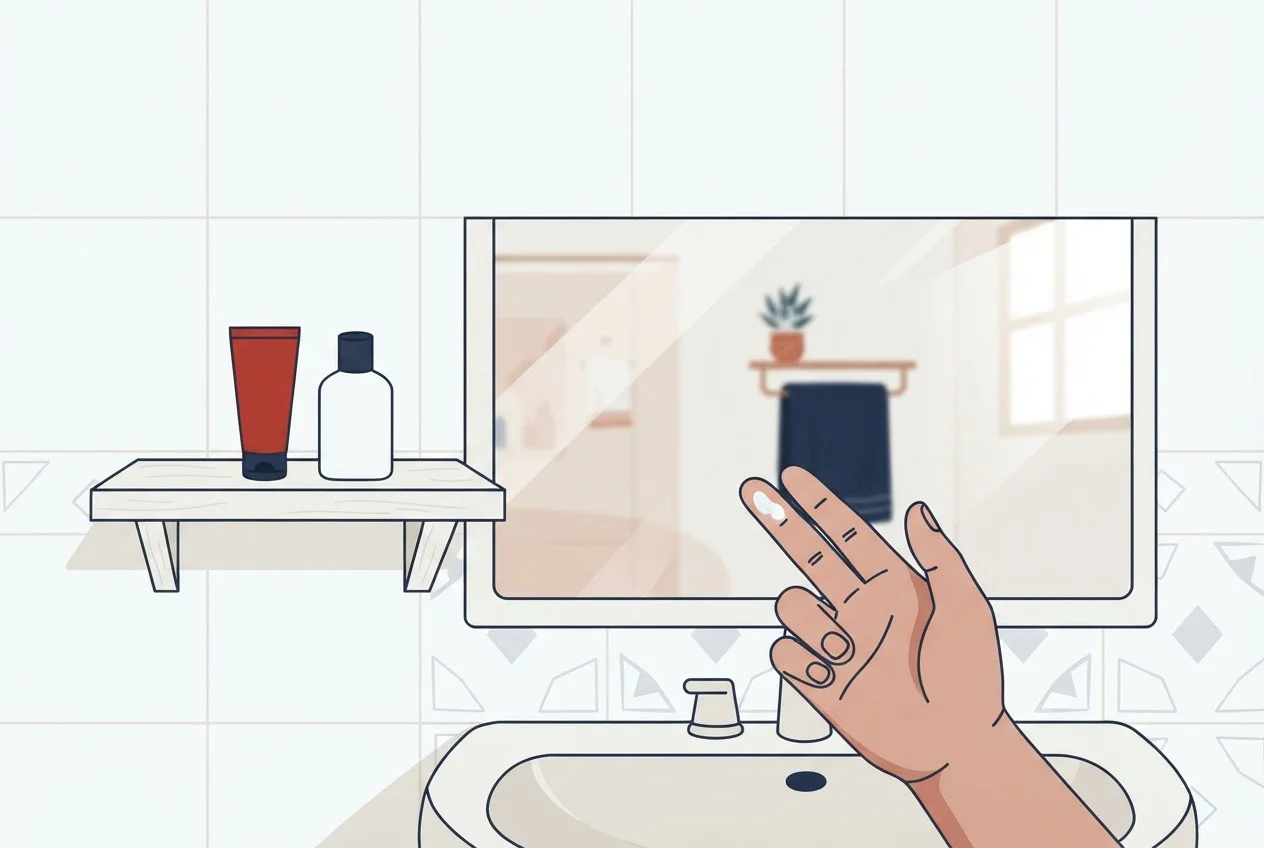 A man uses an unbranded product at a bathroom sink in an Indian home.
