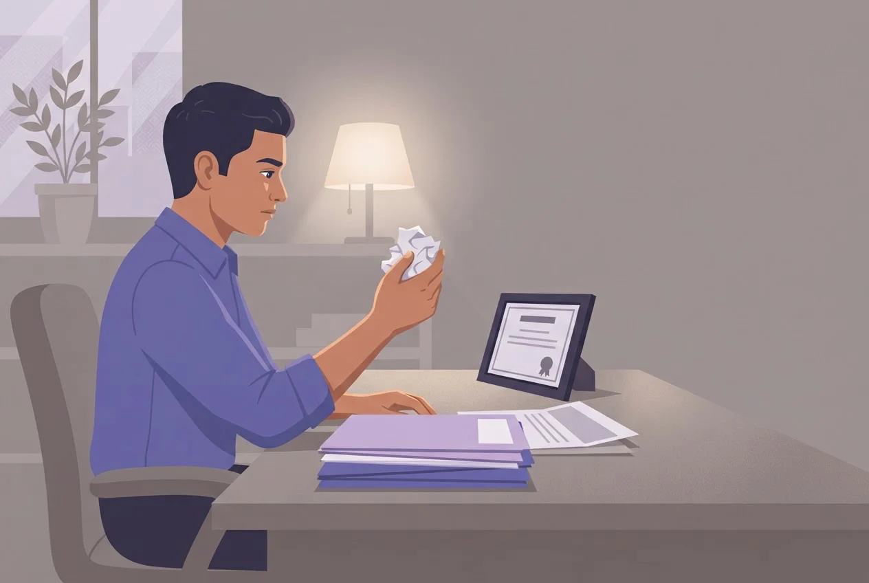 A man at his desk ignores a stack of folders and a framed certificate and studies one crumpled paper.