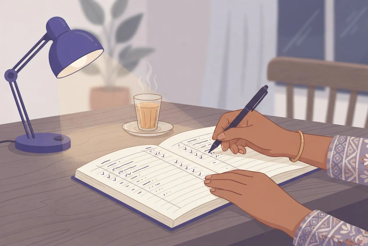 A woman's hands fill in a ruled notebook at an evening table beside a glass of chai and a lamp.