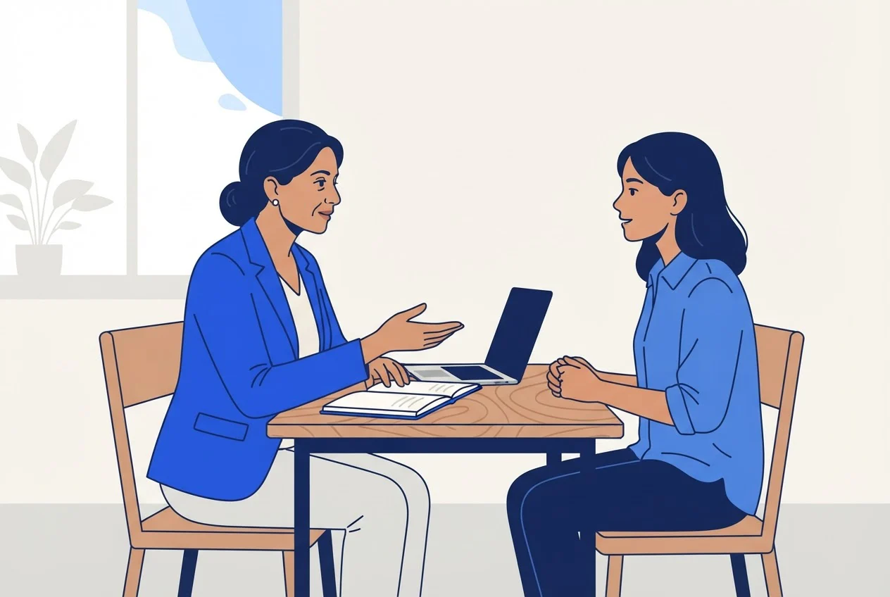 A career advisor talks a BCom graduate through course options at a table in an academy room.