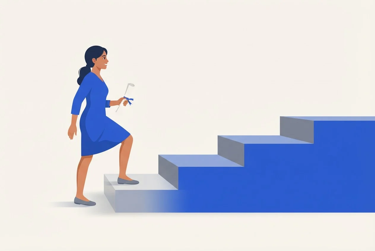 A graduate holding a degree scroll steps past the first stair onto the second of a rising staircase.