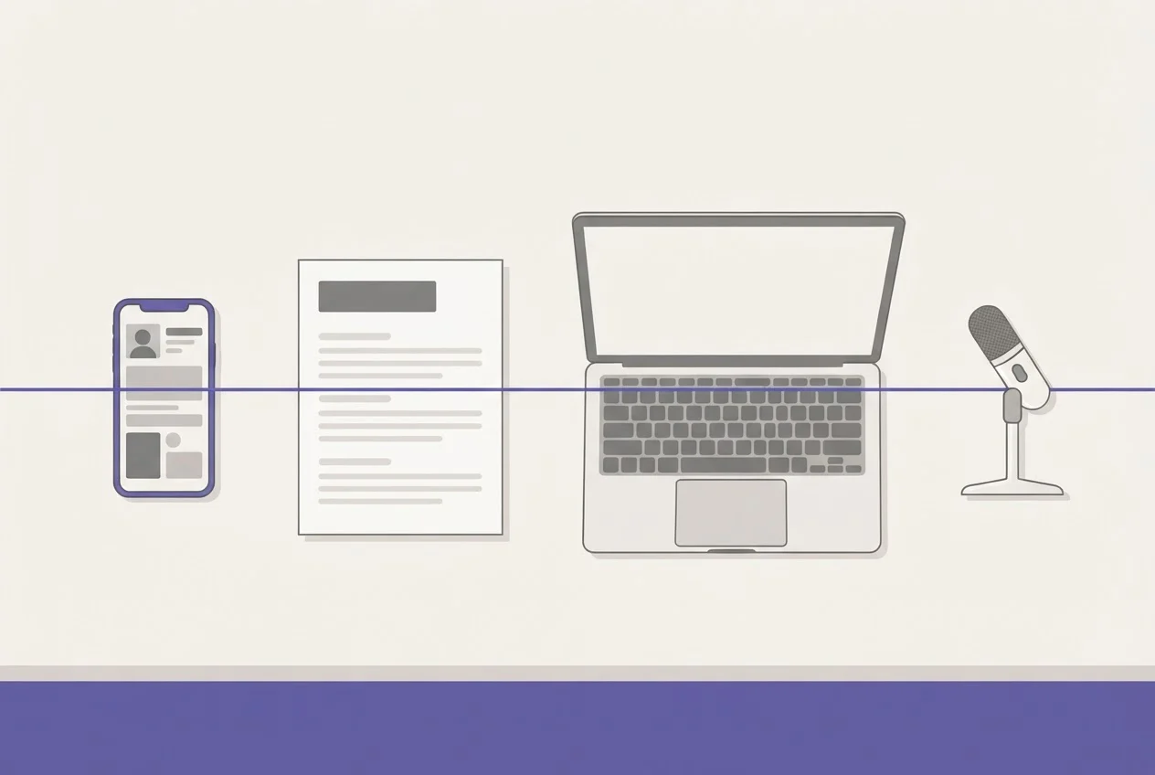 A desk laid out with a phone, a printed CV, a laptop and a microphone, each carrying the same highlighted line.