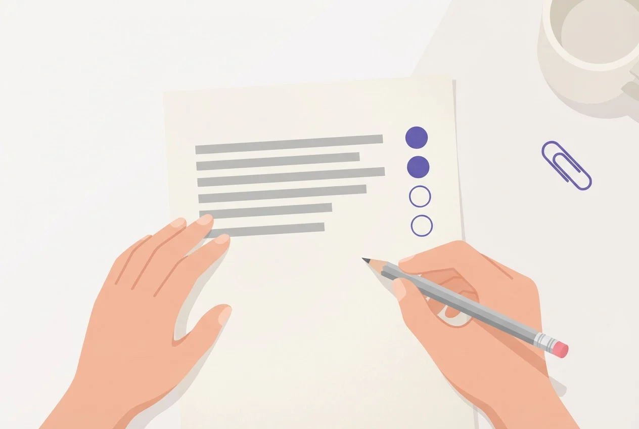 Hands with a pencil mark a row of five circles beside a printed sentence, with three circles filled in and two empty.