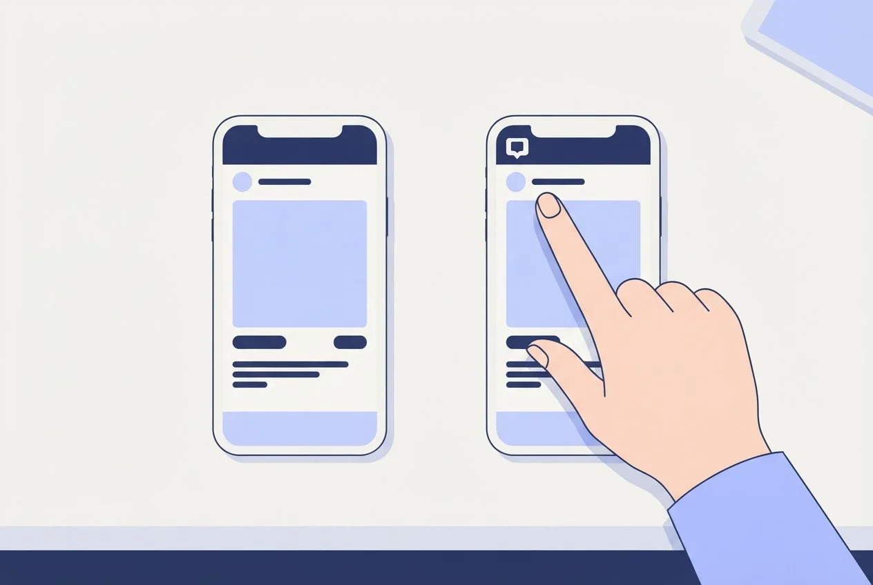 Two matching phone screens side by side with only the top element differing, and a hand pointing at it.
