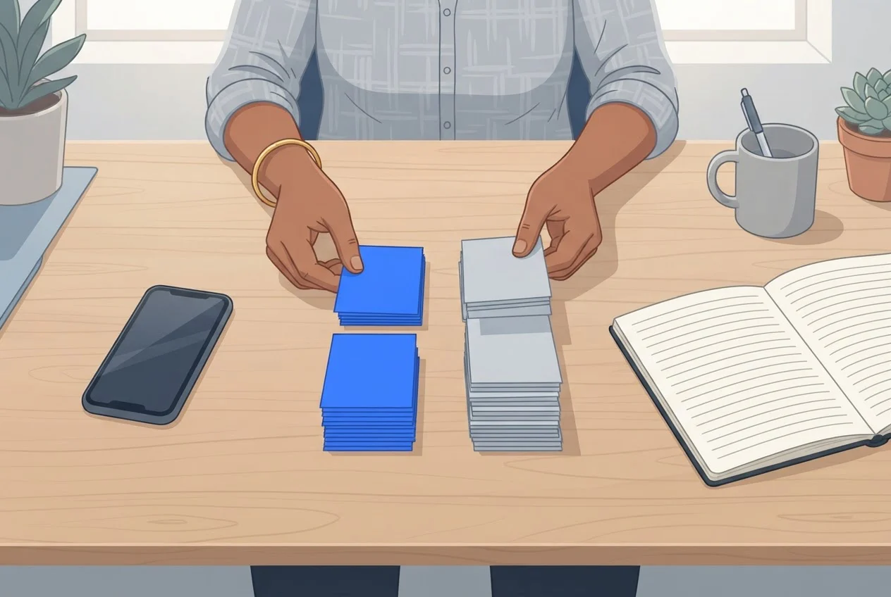 Hands sort blank cards into a blue pile and a grey pile beside a phone and notebook on a tidy desk.
