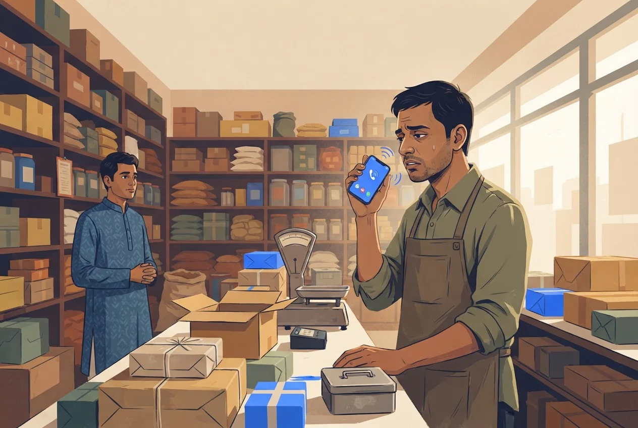 A shop owner in India holds a ringing phone at arm's length with a wary look, in the middle of a busy workday.