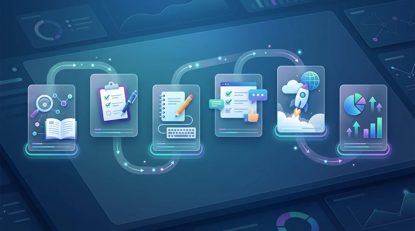Managed AEO publishing stages from research to measurement