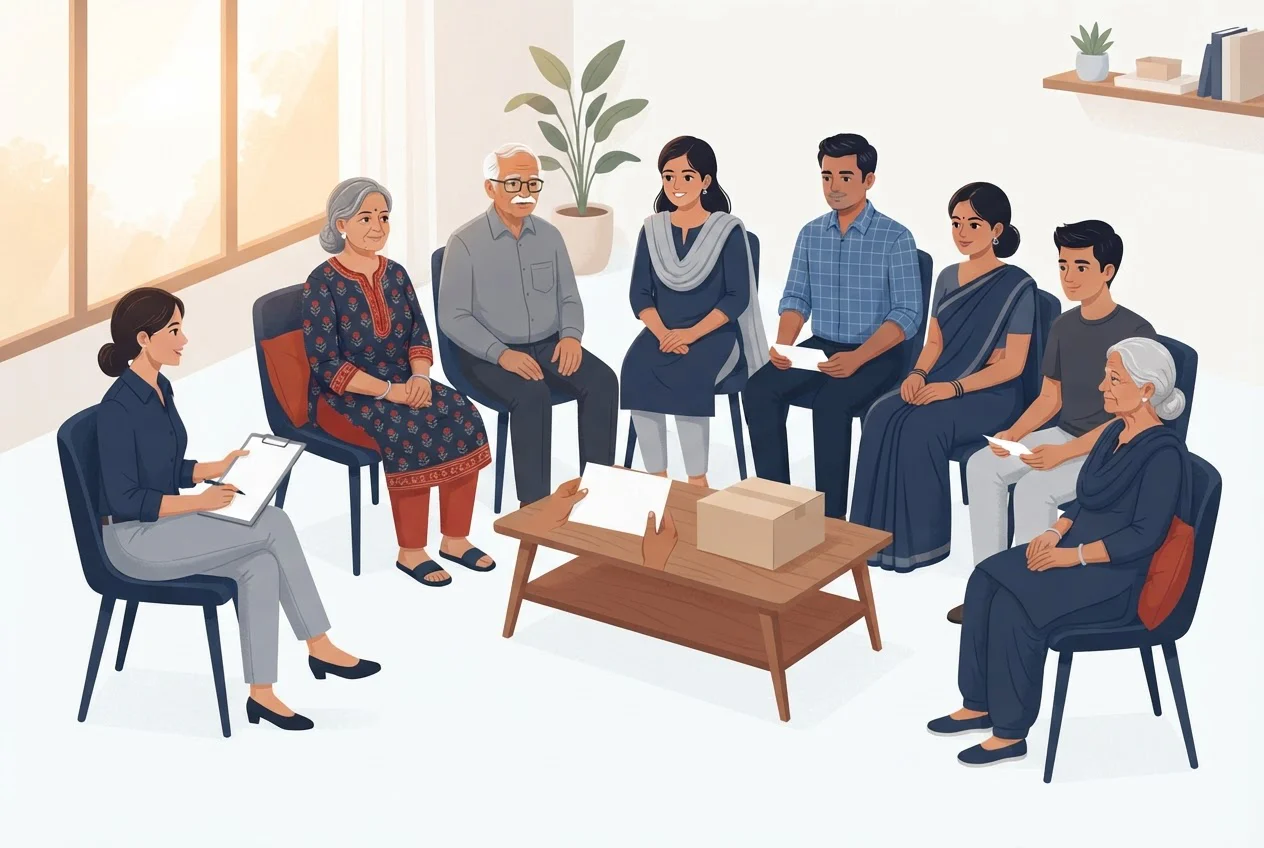 A moderator and seven participants sit in a circle around a table with a concept card and a prototype, forming one focus group.