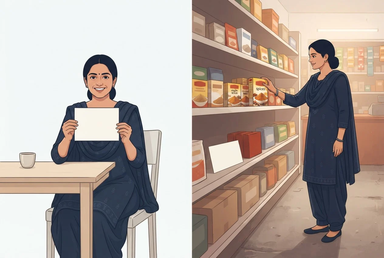 A woman happily holds a concept card in one scene, and in the next scene reaches for a familiar product in a store instead.