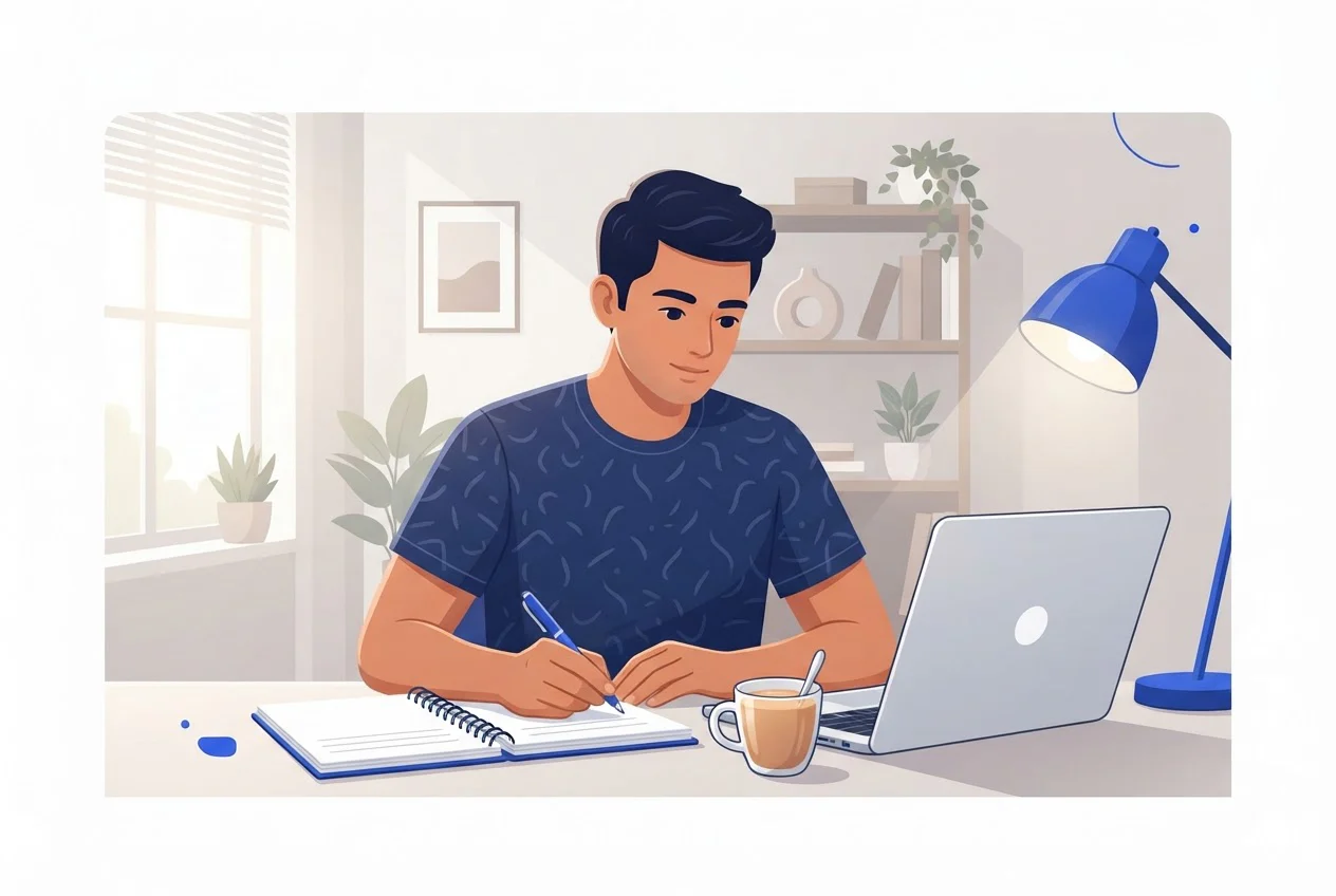 A young man at a home study desk working through an exercise in a notebook beside a laptop.