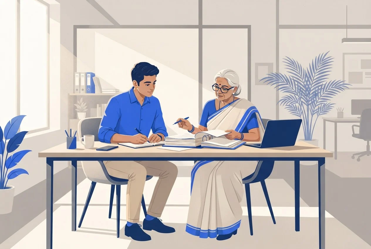 A trainee and a senior professional reviewing paper files together at a desk in an office.