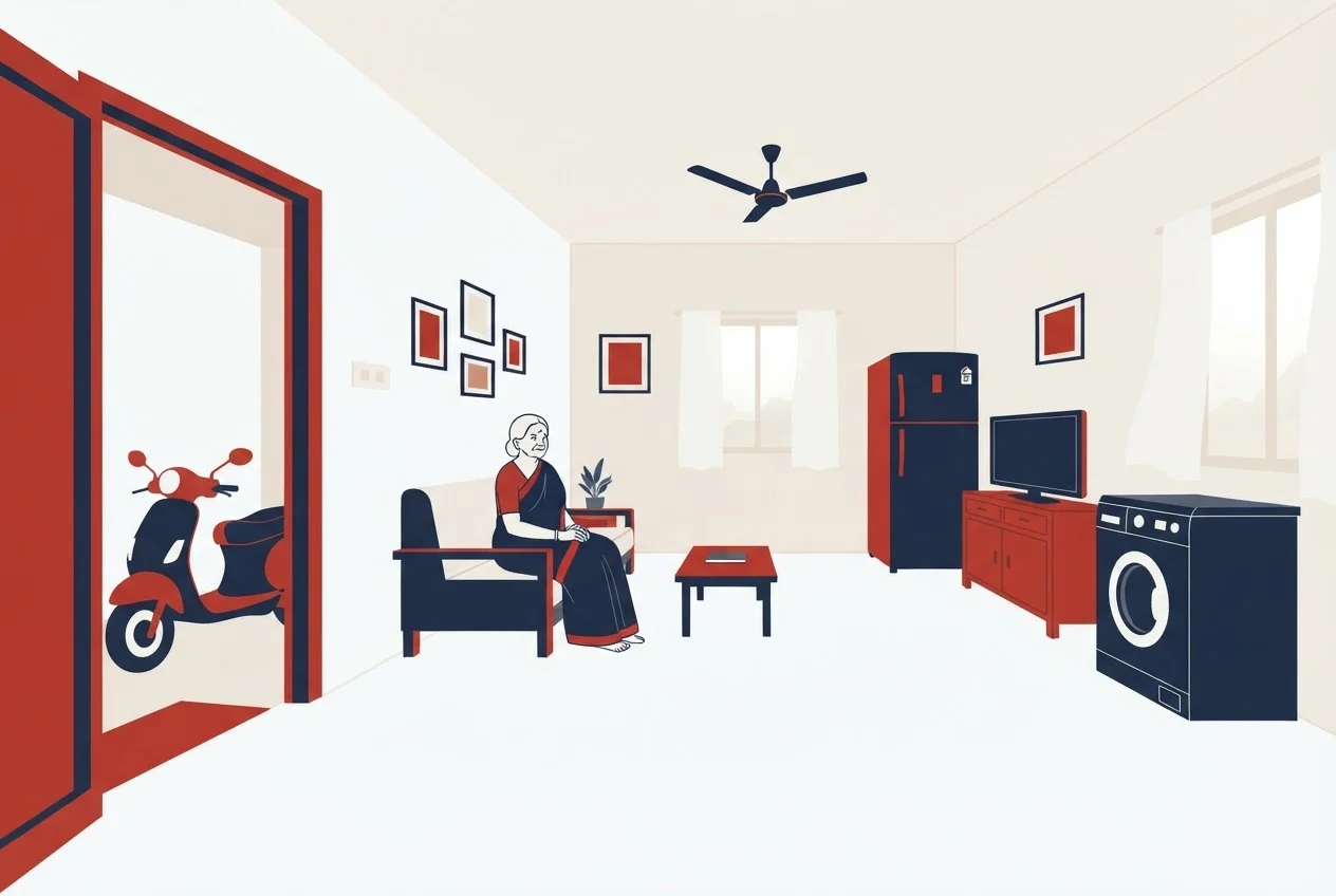 A living room in an Indian home with a fan, fridge, television and washing machine, and a scooter outside the door.