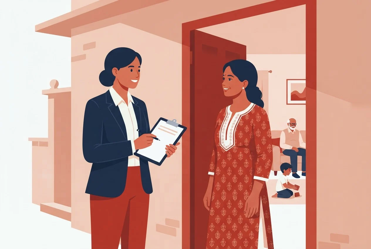 A recruiter with a clipboard speaks to an adult woman at the door of an Indian apartment, with her family behind her.