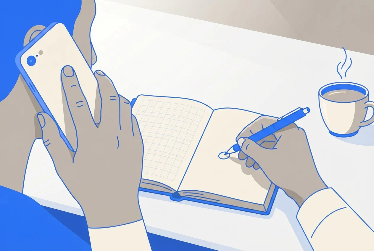 A hand marks a spot in a desk diary while another hand holds a phone to the ear during a call.