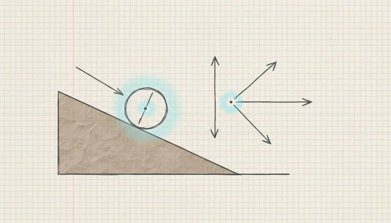 Annotated rotational-motion setup with axis and force arrows