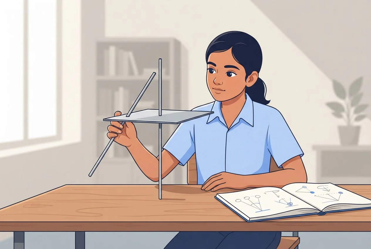 A student holds a flat metal plate with one rod through its centre and another through an off-centre point.