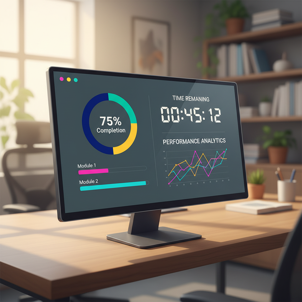 A modern computer screen displaying a clean, abstract mock test interface with performance analytics and time-tracking graphs.