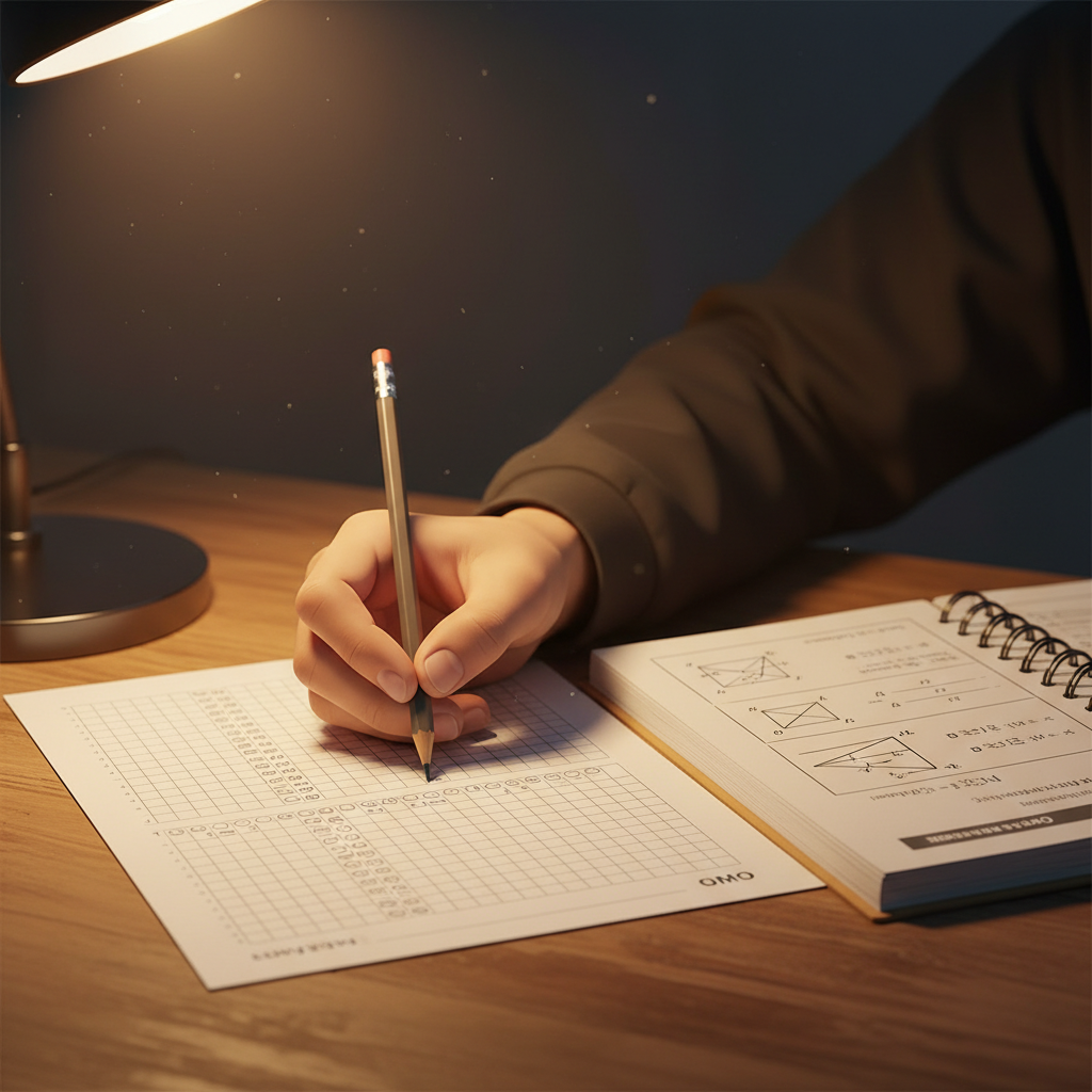 A student's hand carefully filling out an OMR bubble sheet next to a paper exam booklet under focused desk lighting.