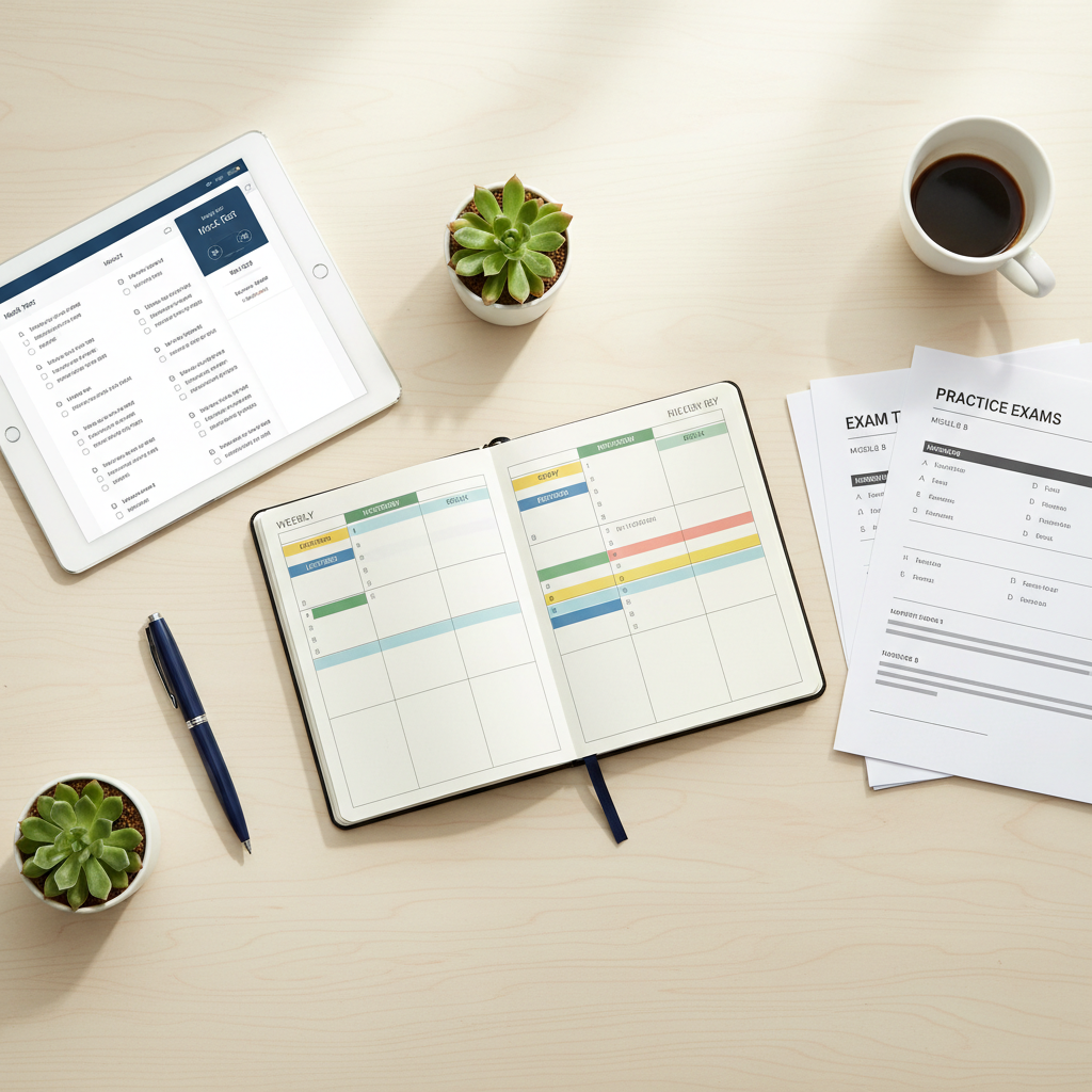 An organized desk layout showing a hybrid study planner alongside a digital tablet and a printed test paper.