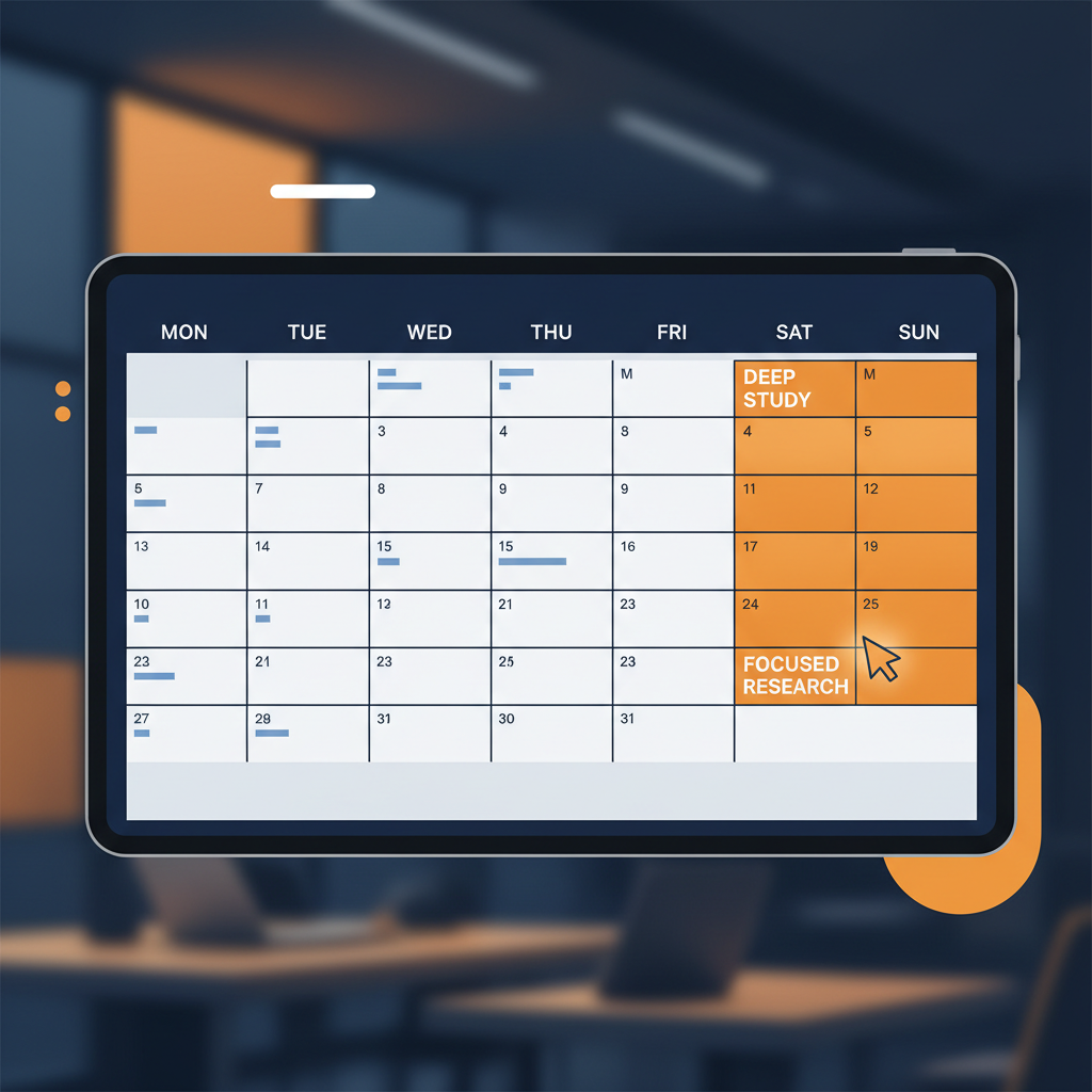 A clean, modern calendar planner showing a structured weekly schedule with highlighted weekend blocks for intensive study.