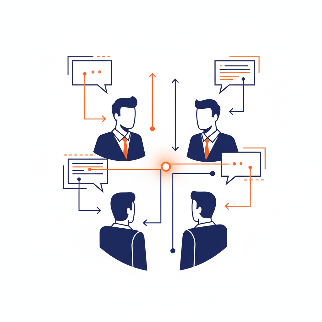 An abstract representation of a group discussion with speech bubbles and structured connecting lines.