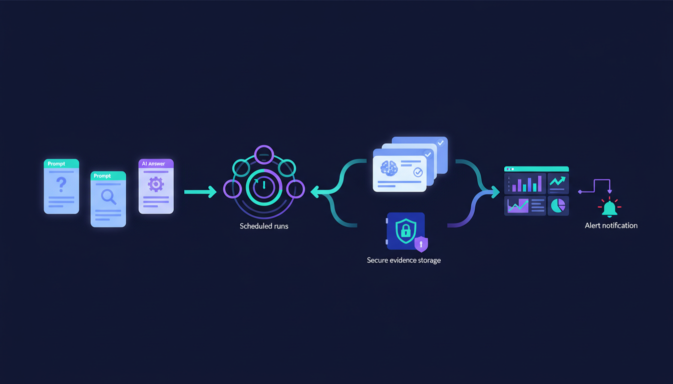 AI answer monitoring pipeline from prompt library to evidence dashboard
