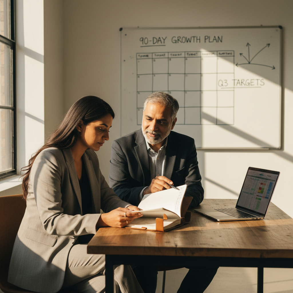 Founder reviewing a 90-day business plan