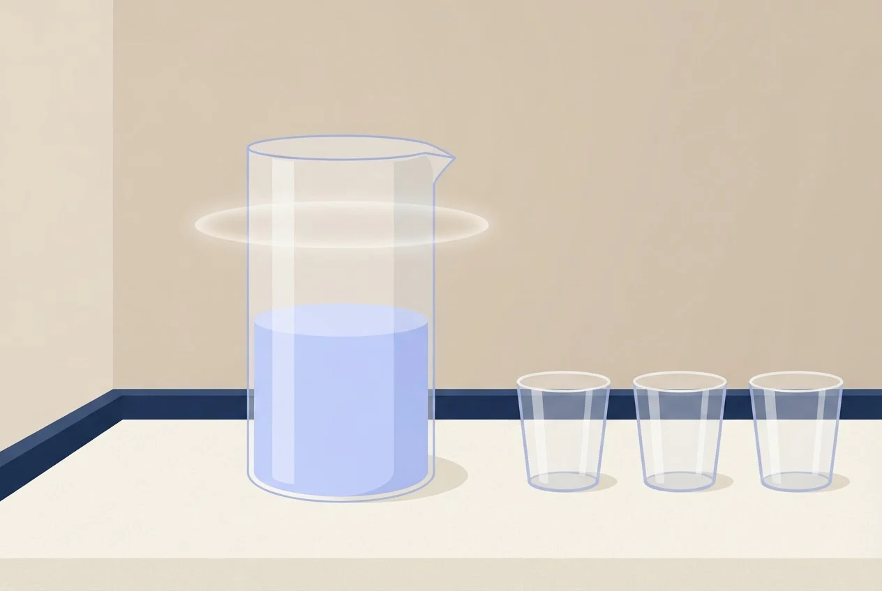 A measuring jug filled only a third of the way beside three empty glasses, showing a shortfall.