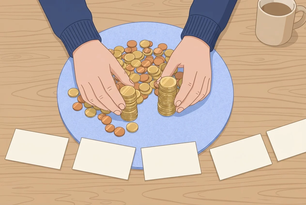 Hands splitting coins into two full stacks next to four blank cards, two of them pulled forward.