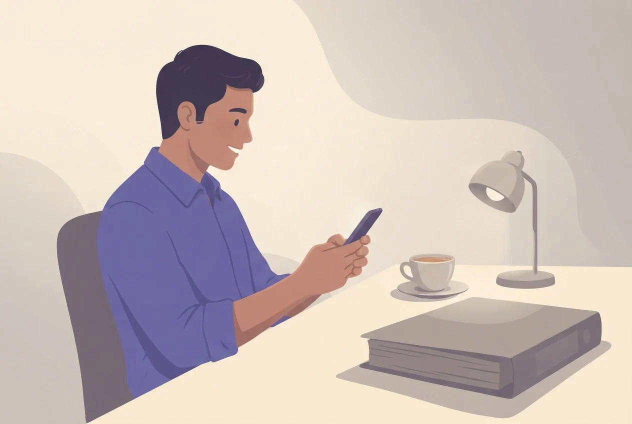 A man at an office desk turns away from a large project folder to scroll his phone.