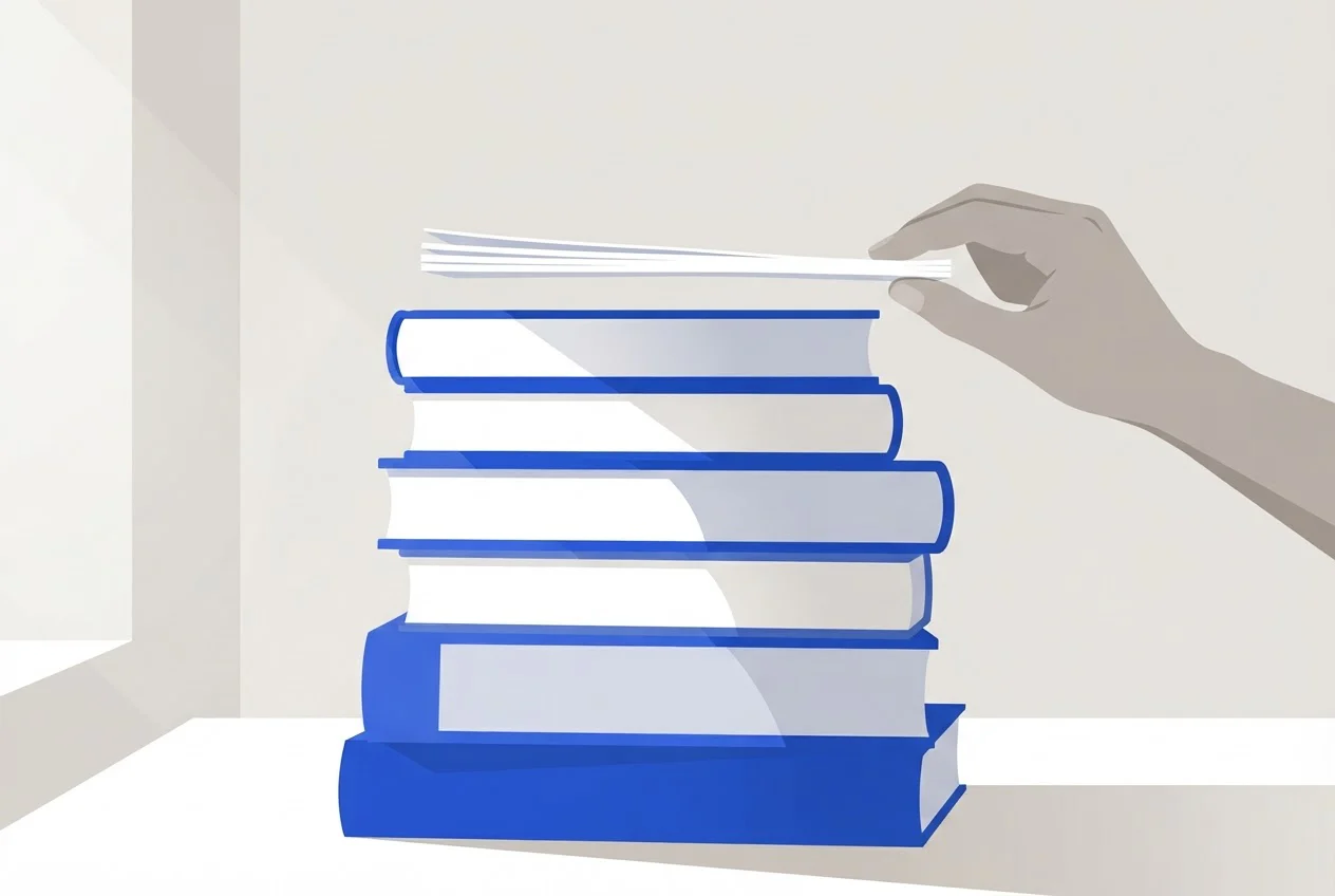 A hand holds a thin sheaf of loose pages beside a tall stack of thick textbooks.